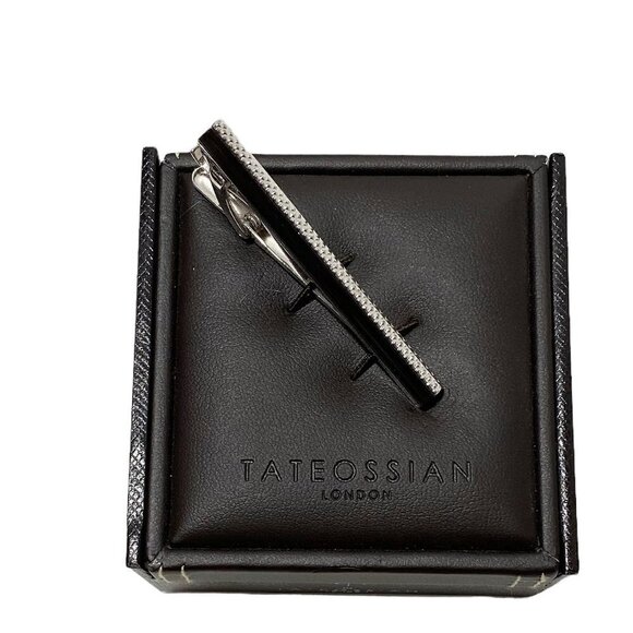 TATEOSSIAN Rhodium Black Cat's Eye Etched D-Shaped Tie Clip 53mm - Picture 2 of 4